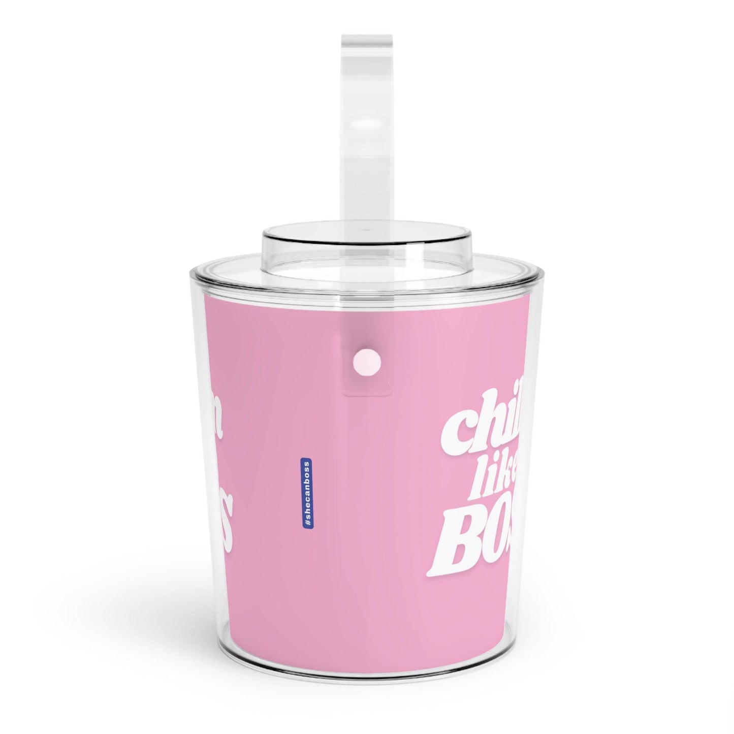 Pink 'Chillin Like a Boss' ice bucket with clear lid and handle, side view, perfect for keeping beverages cold at parties and events.