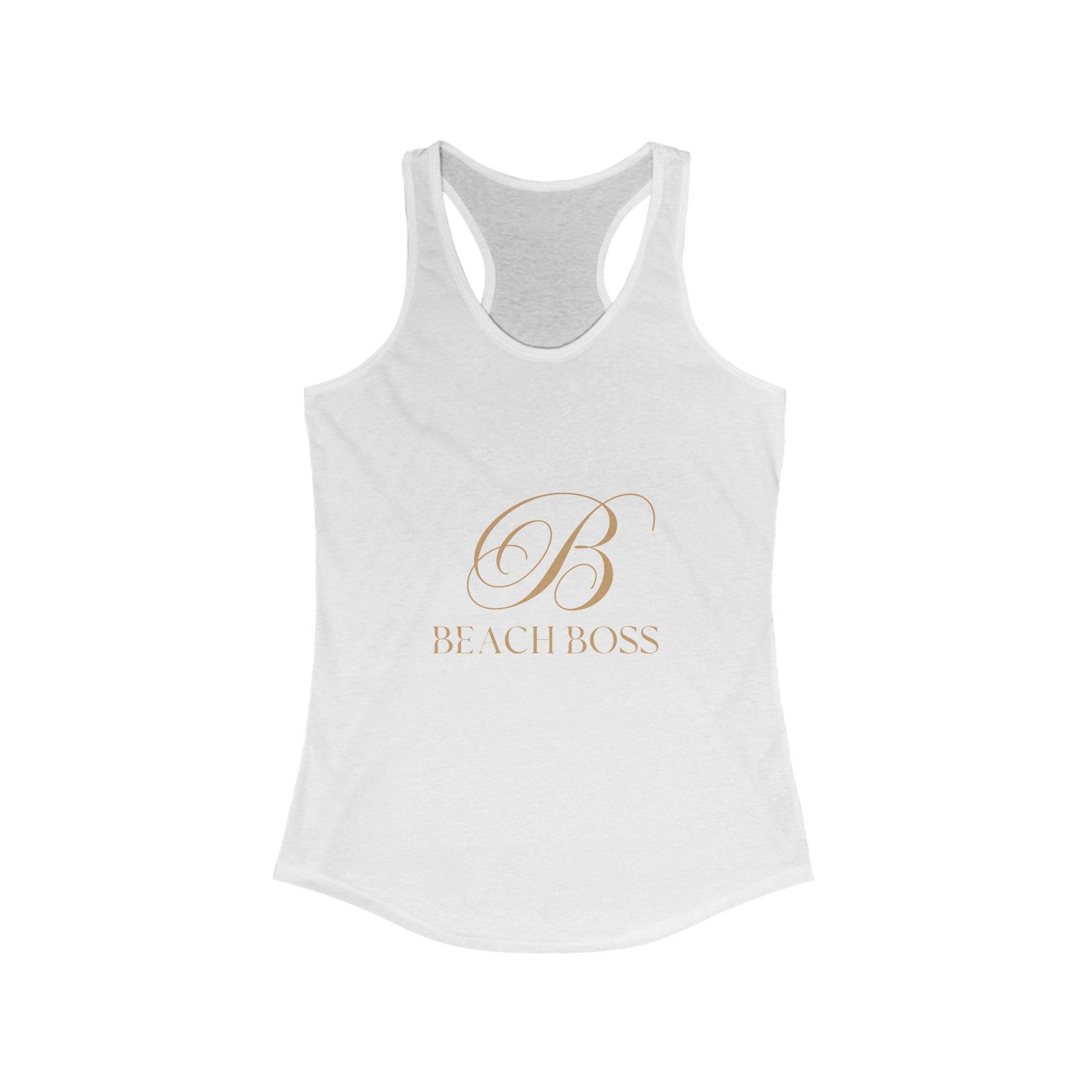 White Beach Boss Babe racerback tank top with elegant gold script logo, ideal for empowered women in business and casual settings.