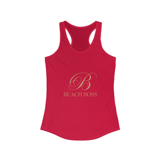 Red Beach Boss Babe racerback tank top with elegant gold script logo, ideal for empowered women in business and casual settings.