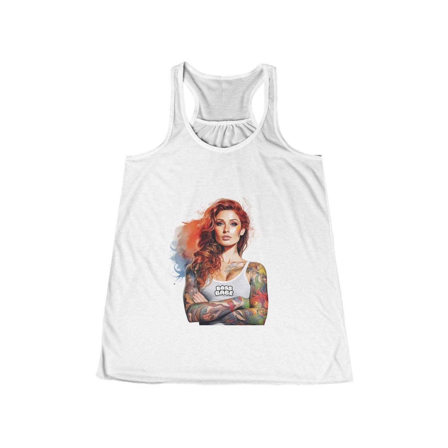 White racerback tank top with a colorful tattooed 'Boss Babe' graphic on the front.