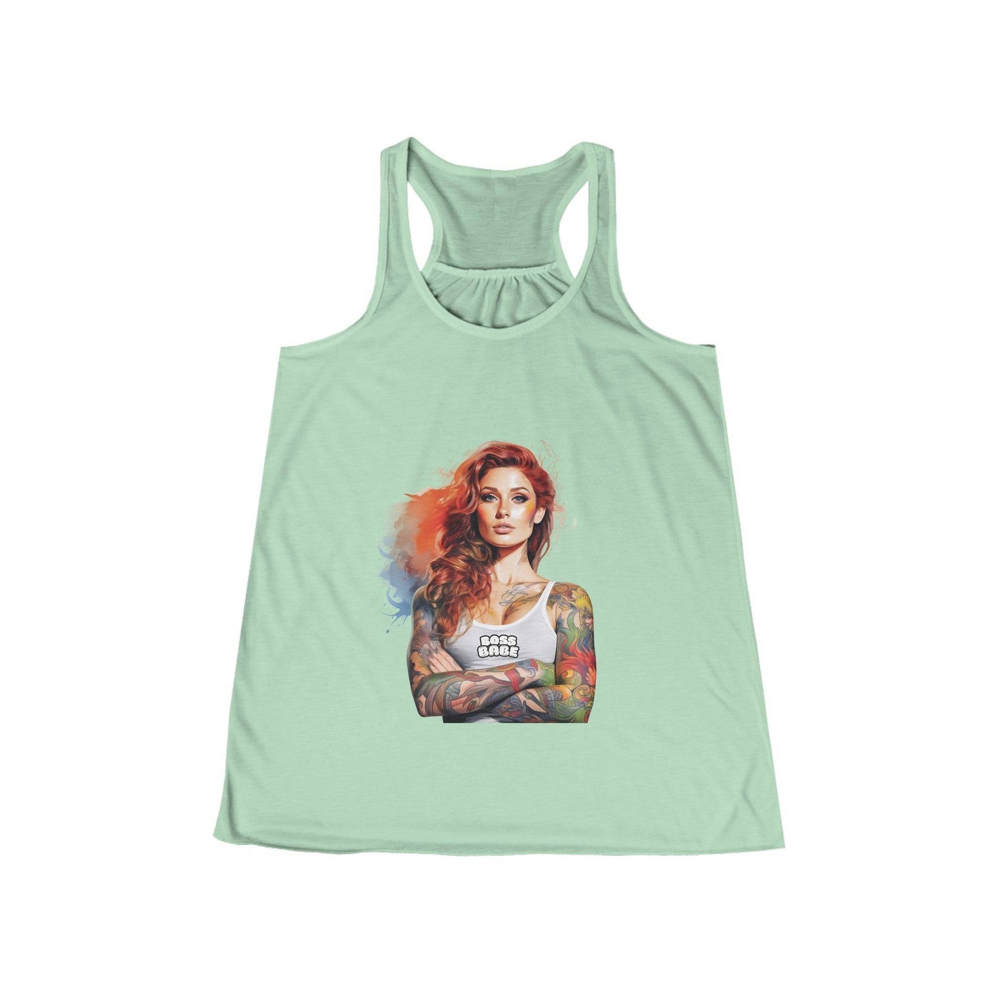 Mint green racerback tank top with a colorful tattooed 'Boss Babe' graphic on the front.