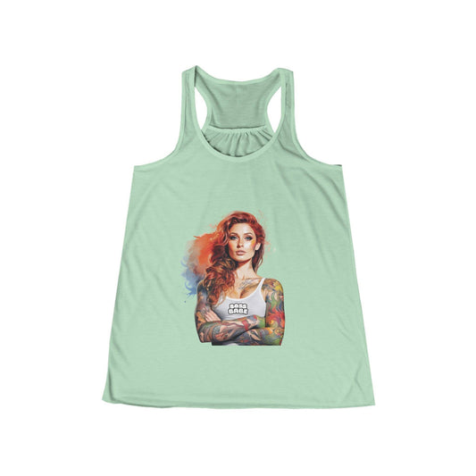 Mint green racerback tank top with a colorful tattooed 'Boss Babe' graphic on the front.