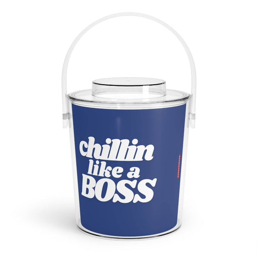 Blue 'Chillin Like a Boss' ice bucket with clear lid and handle, designed for keeping beverages cool at parties and gatherings.