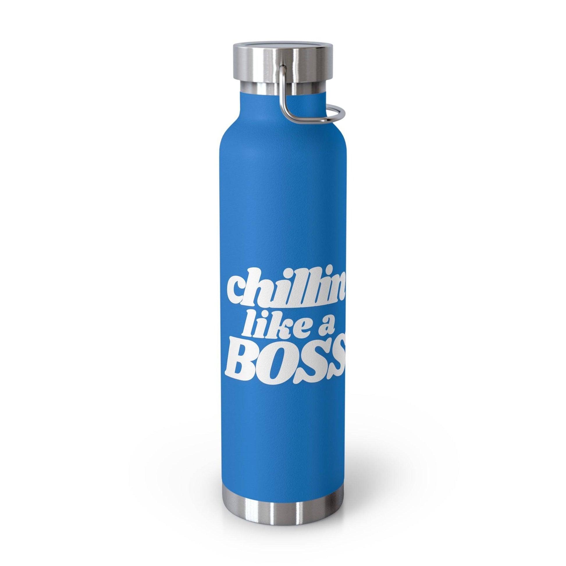 Blue vacuum insulated bottle with 'Chilling like a BOSS' printed in bold white letters, featuring a stainless steel cap and base.