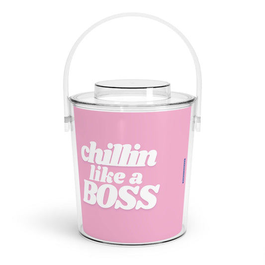 Pink 'Chillin Like a Boss' ice bucket with clear lid and handle, perfect for keeping beverages cold at parties and gatherings.