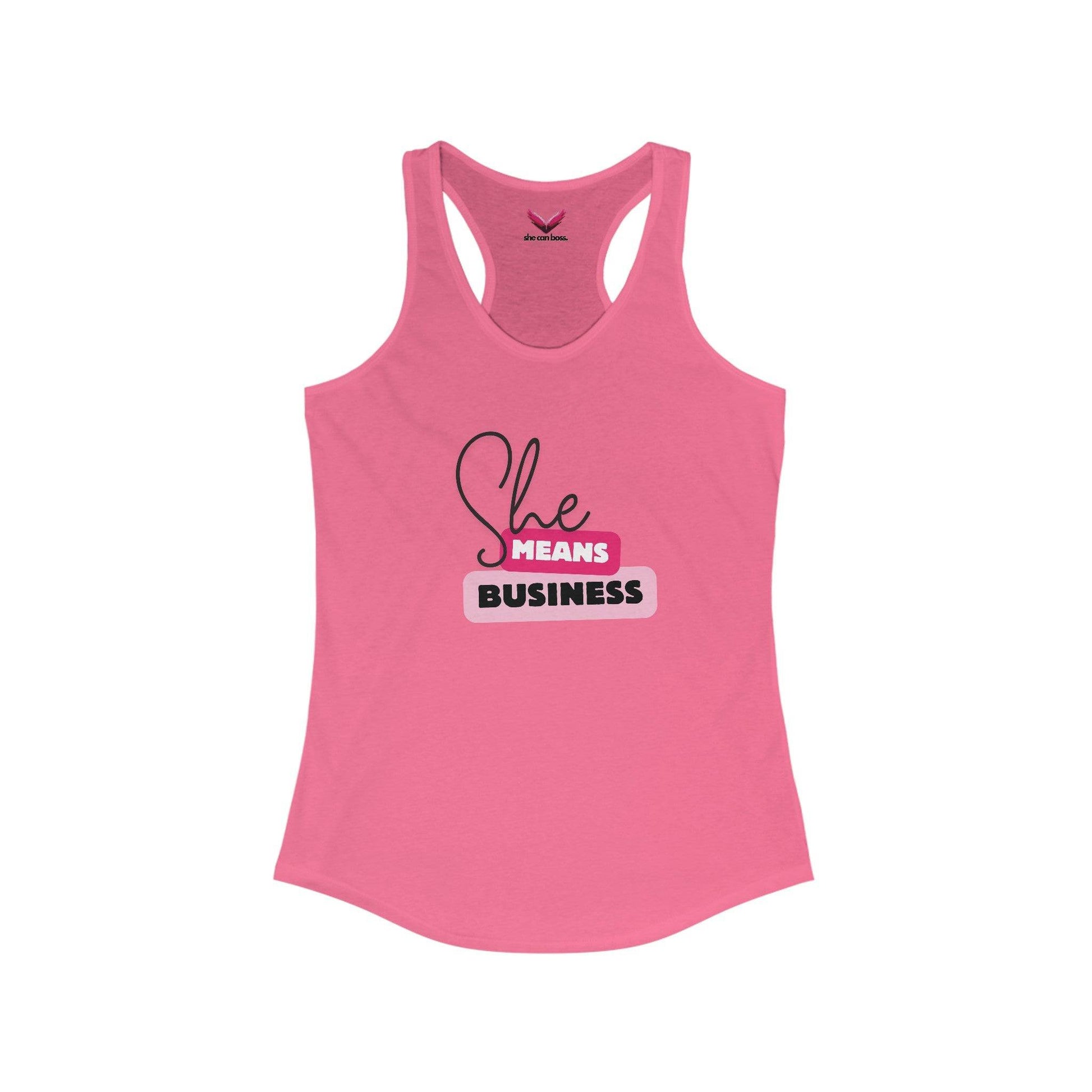 She Means Business Racerback Tank - Black Letters - SheCanBoss