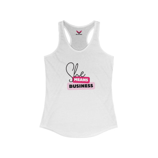 She Means Business Racerback Tank - Black Letters - SheCanBoss